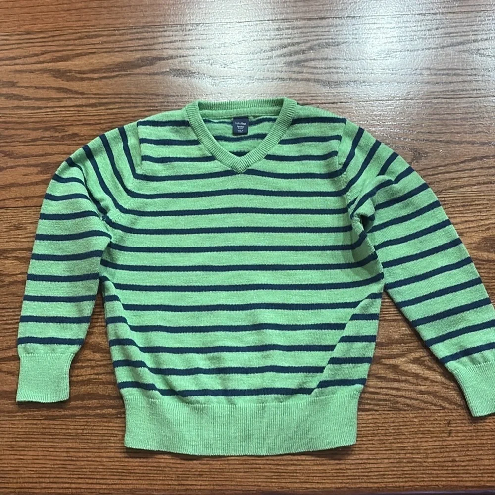 Gap toddler boys V striped cotton sweater same fabric patch elbows green blue 5